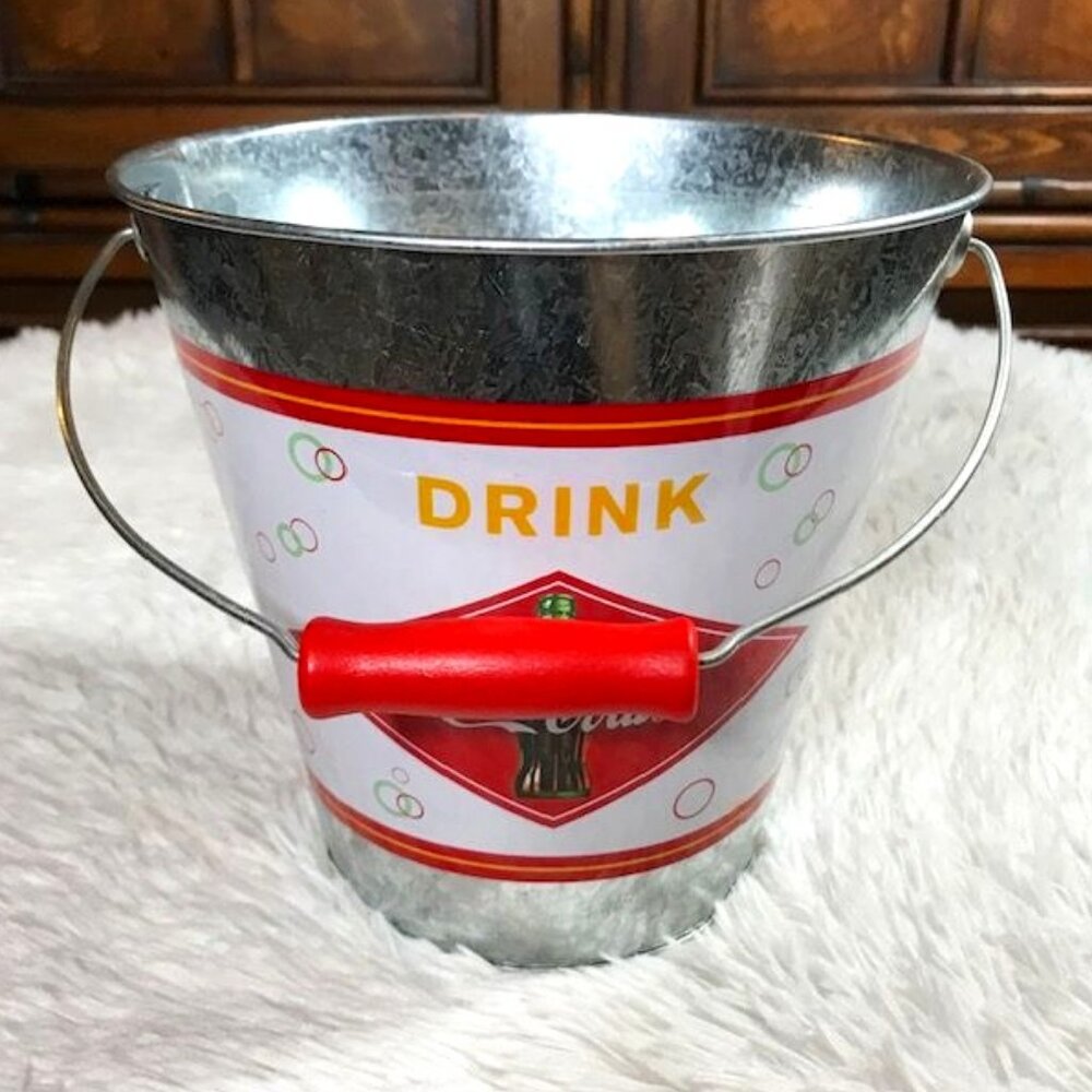 NWOT Coca-Cola Silver Metallic 'Drink' Red Diamond Coke Bottle Tin Pail Bucket